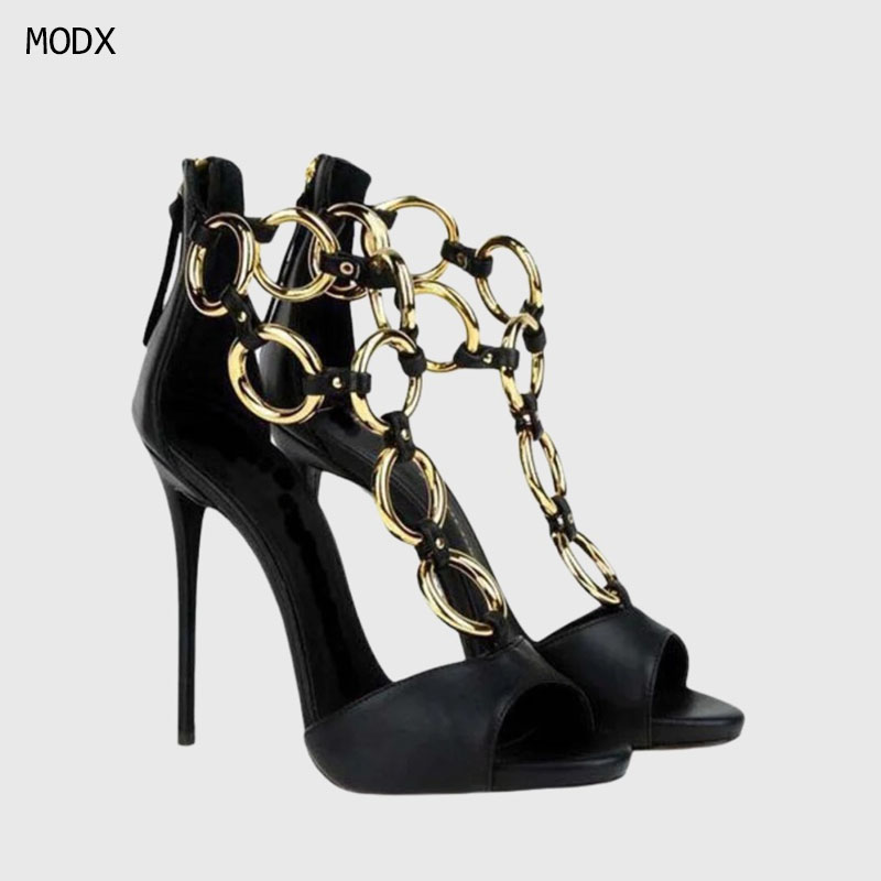 Gold Chain Sandal - Sandali da Donna in Pelle Nera